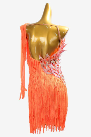 Orange Latin dress with fringe and crystal AB image 3