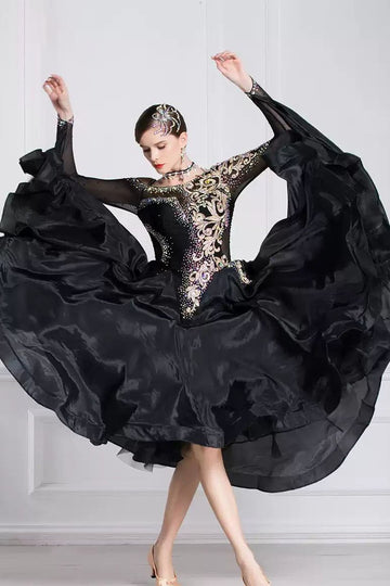 Bailebelle Fashion Rhythm dance modern waltz dance skirt high-end social national standard performance competition dress big swing dress new pearl silk Black image 2