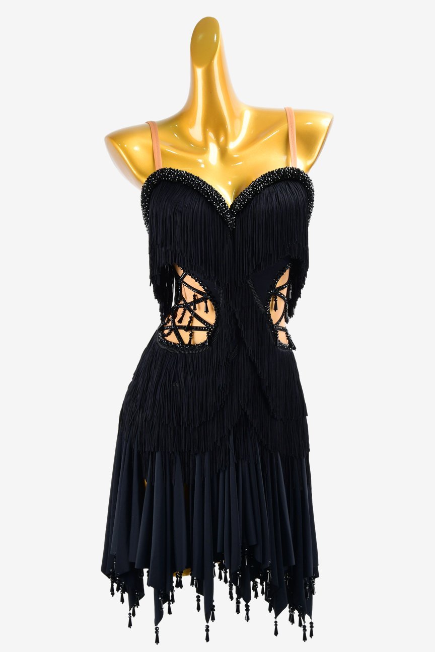 Black matt lycra Latin dress with fringes, crystals & beadings image 0