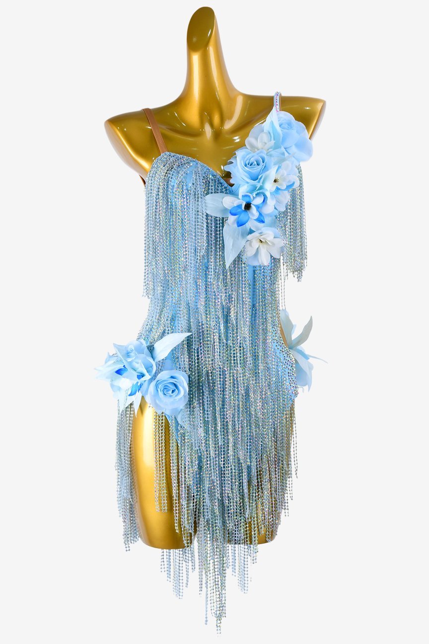 Sky blue matt lycra Latin dress with crystal AB, flower appliques & crystal fishnet fringes image 0