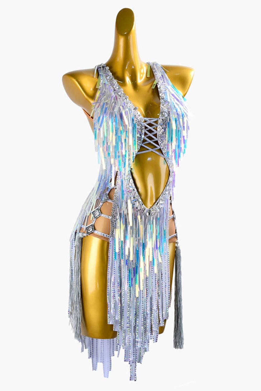 Silver metallic lycra Latin Dress with sequins, tassels, crystals & sew-on stones image 2