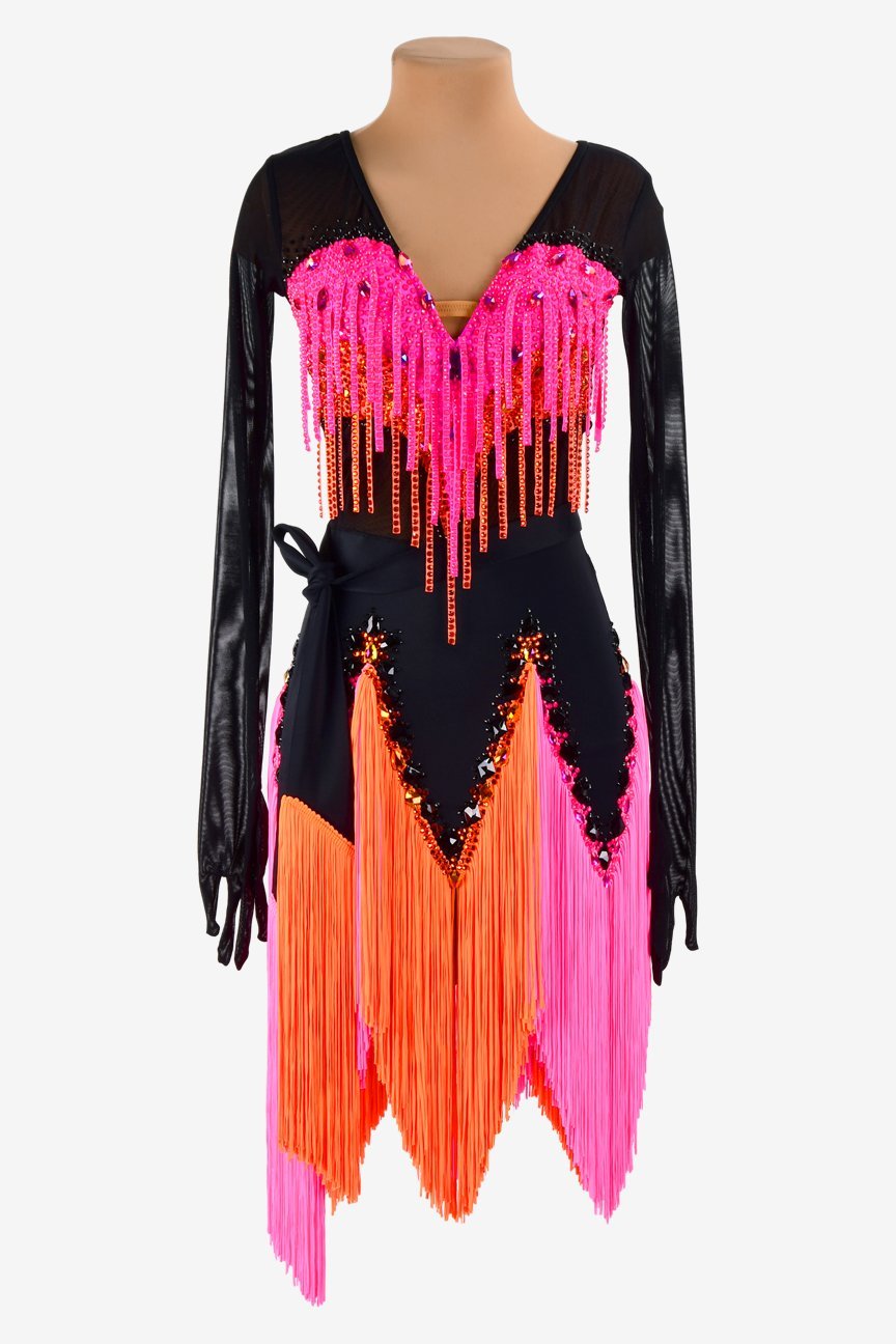 Black mesh Latin dress with stone fringes, rhinestone, sew-on stones & orangered mix pink fringes image 0
