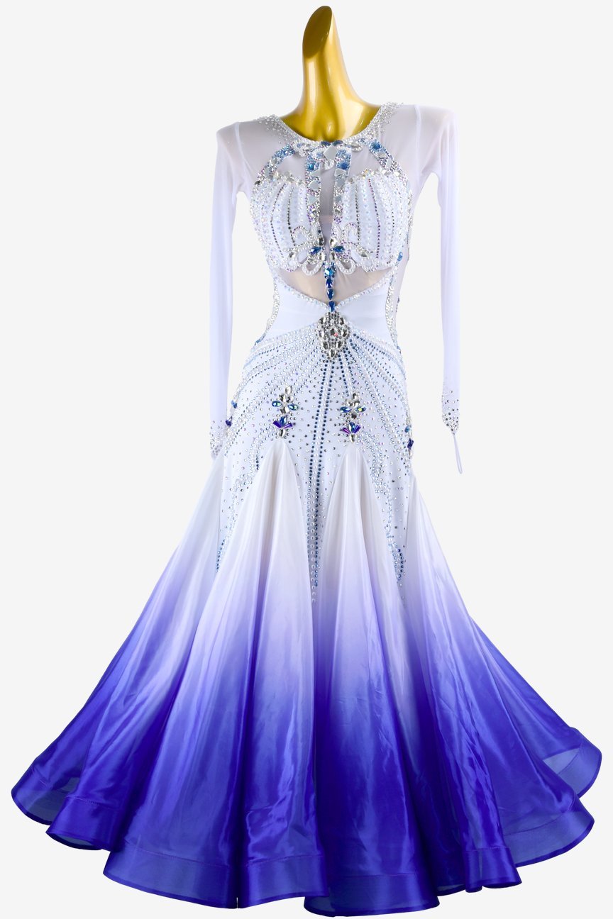 White mesh Standard dress with shaded blue pearl chiffon underskirt image 0