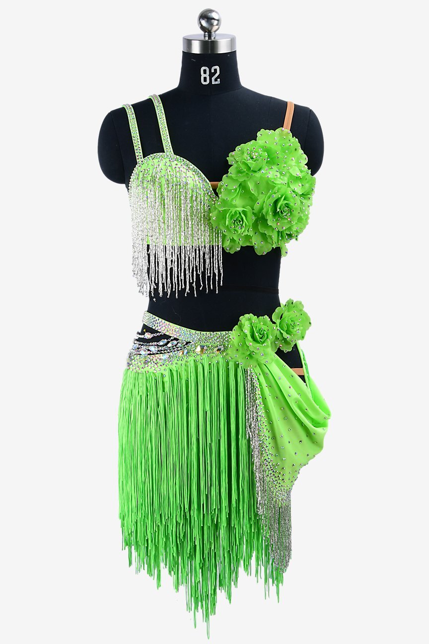 Lime green matt lycra Latin dress with AB stones, beaded fringes, fringes & flower appliques image 0