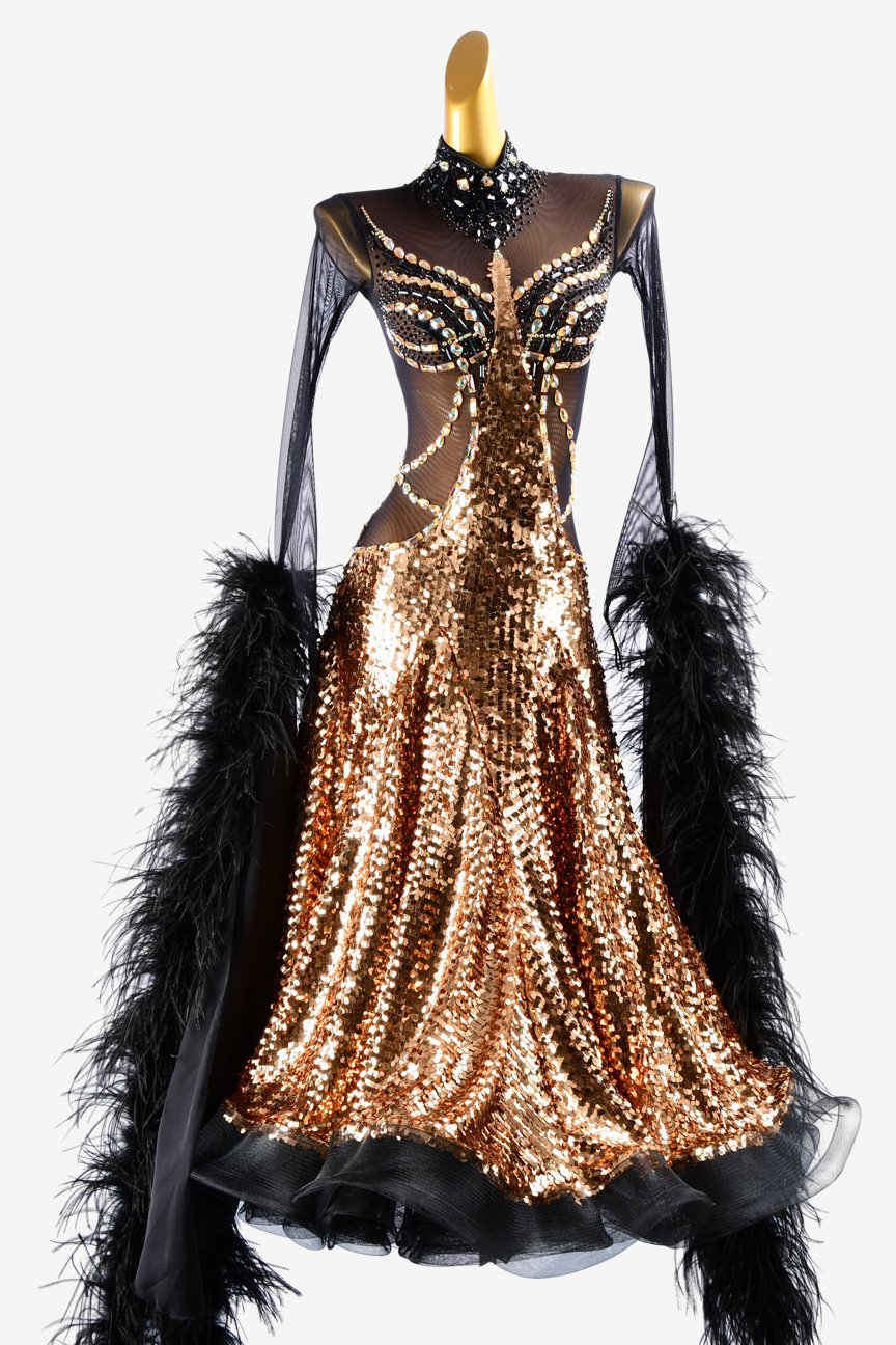 Gold sequins fabric Standard dress with black mesh top, crystals & feather boas image 0
