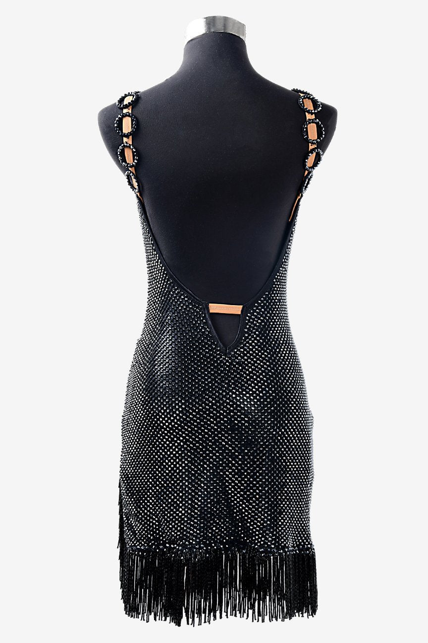 Black matt lycra Latin dress with crystals fishnet, beaded fringes & rhinestones image 3