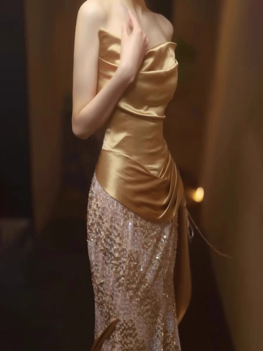Bailebelle Fashion Gold Bridesmaid Dresses Off The Shoulder Sequins Floor Length Backless | Elegant Party Evening Prom Gown Mermaid Strapless Sequin Prom Gold image 2