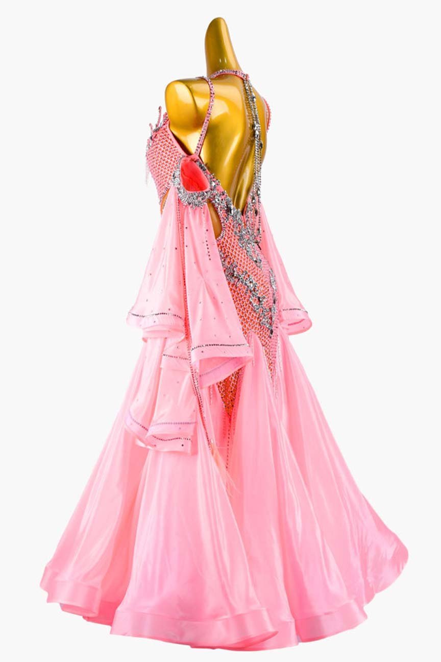 Pink Crystal Fishnet Standard Dress with Stretch Satin Underskirts, Lace, Float, and Rhinestone Beading image 3