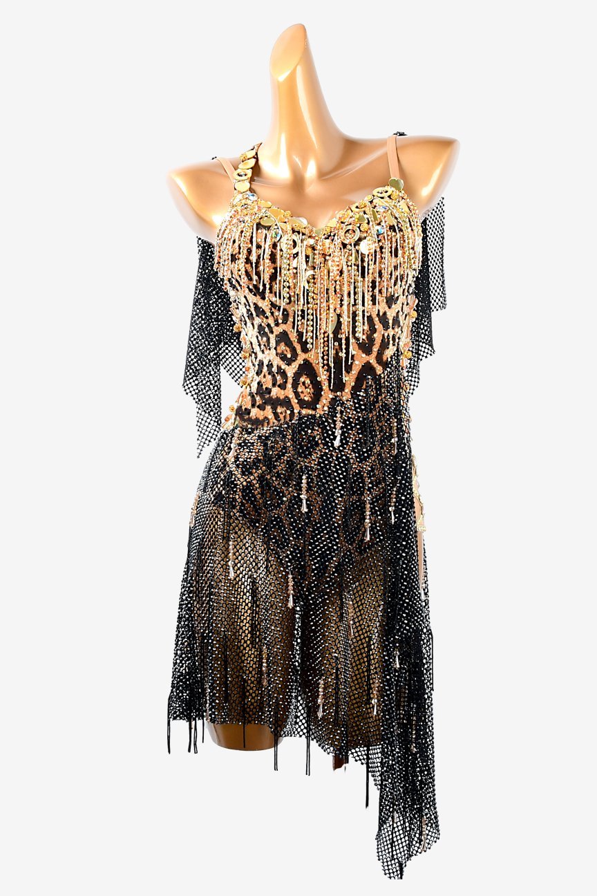 Leopard print Latin dress with black ruching crystal fishnet, AB stones, beadings & mirror stones image 0