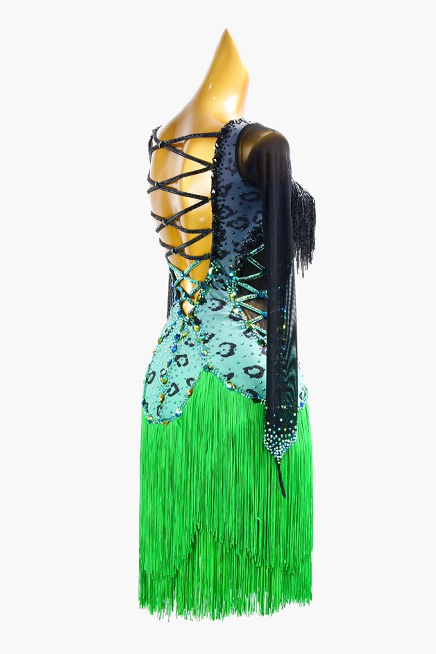 Black shaded mediumaqumaarine Leopard Latin dress with black beaded fringe, AB stones and green fringes image 2