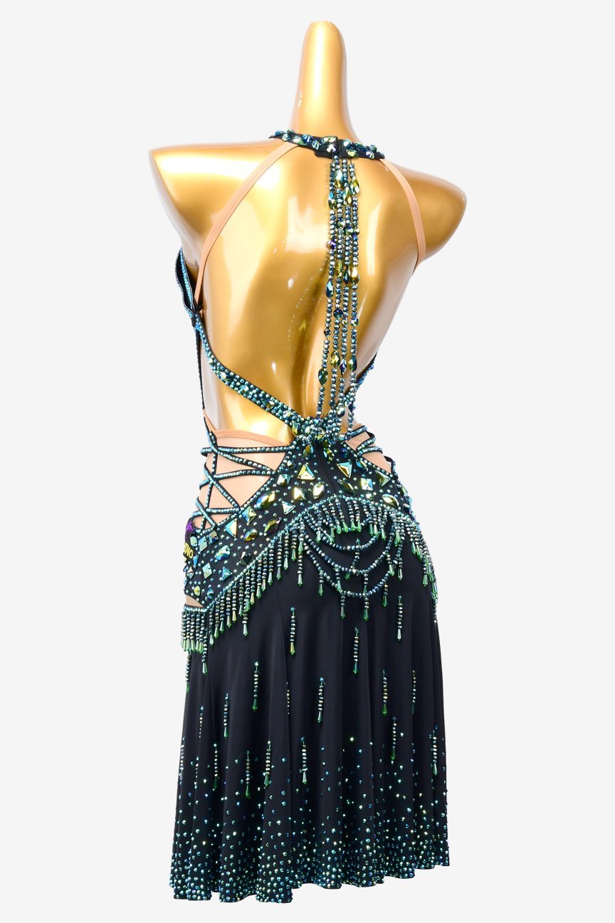 Black stretch crepe draping Latin dress with sea green AB stones & beadings image 3