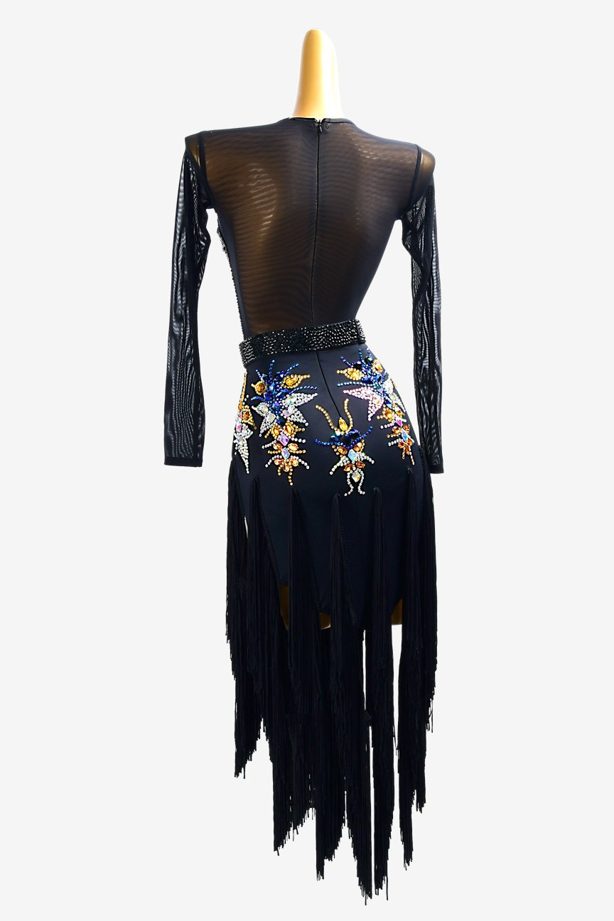 Elegant Black Fringe Bodysuit Dress with Crystal Embroidery image 1
