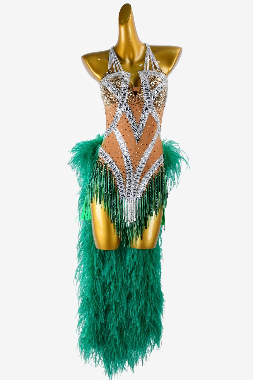 Fleshtone matt lycra Latin dress with sea green feathers, beaded fringes, rhinestones & sew-on stones image 0