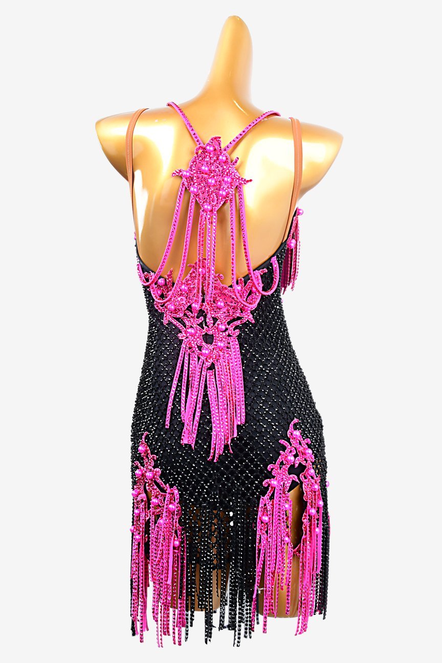 Black Latin dress with crystal fishnet, lace appliqués, rhinestones, cerise stone fringes & beadings image 3