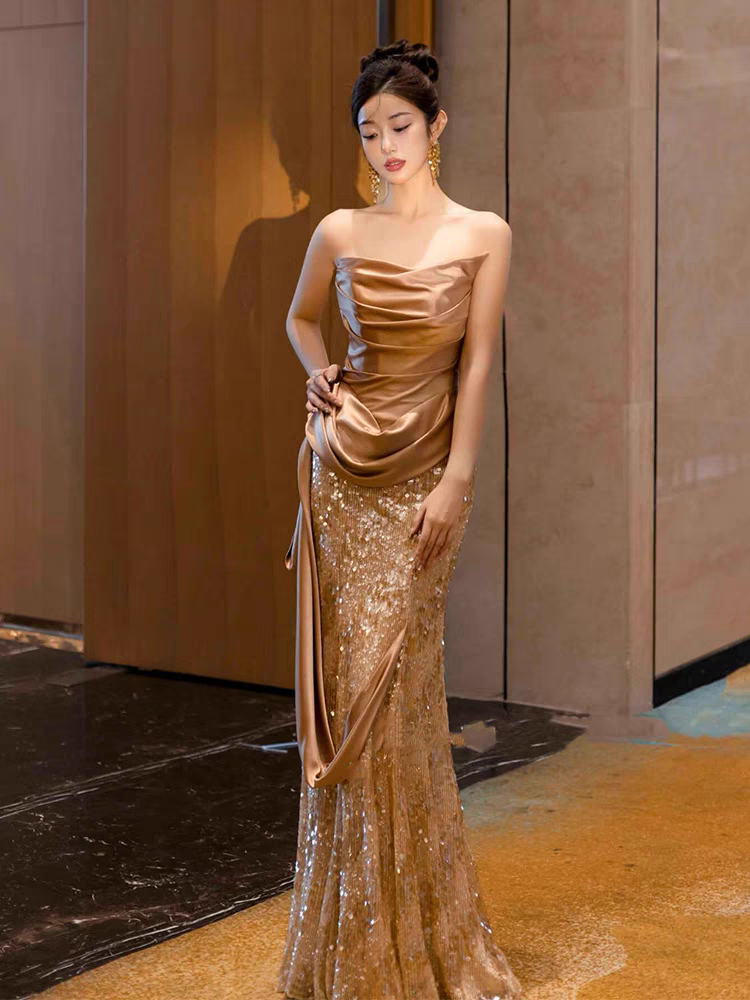 Bailebelle Fashion Gold Bridesmaid Dresses Off The Shoulder Sequins Floor Length Backless | Elegant Party Evening Prom Gown Mermaid Strapless Sequin Prom Gold image 7