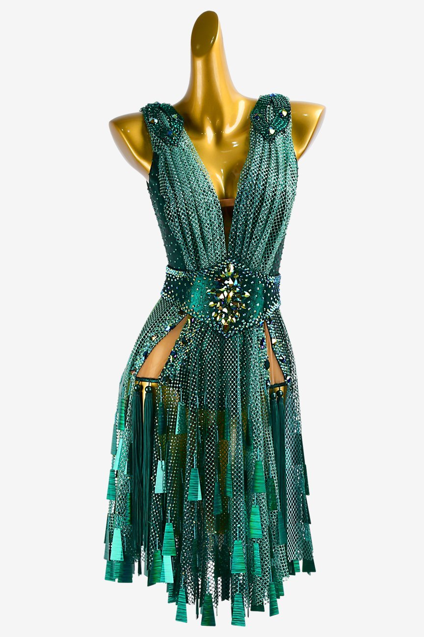 Teal Crystal Fishnet Latin Dress with Sequins, Tassels, and Green Crystal AB Accents image 0