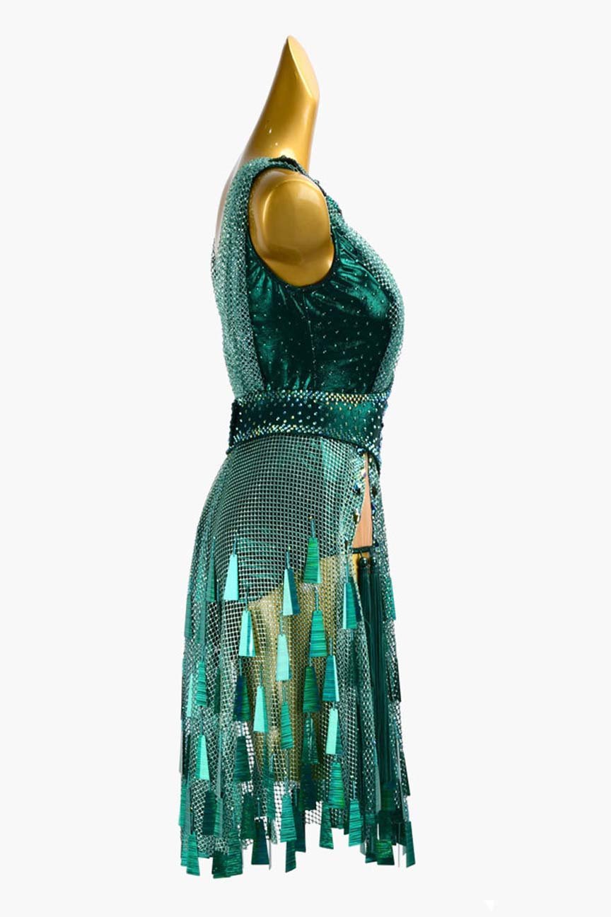 Teal Crystal Fishnet Latin Dress with Sequins, Tassels, and Green Crystal AB Accents image 3