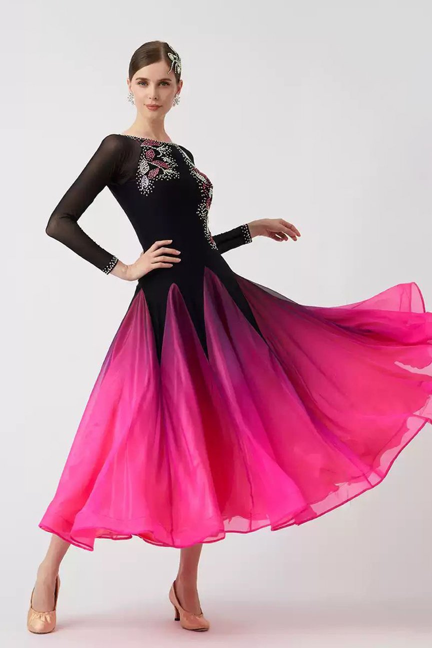 Bailebelle Fashion new national standard modern dance practice clothes ballroom dance waltz big swing dress customization Black, Pink image 3