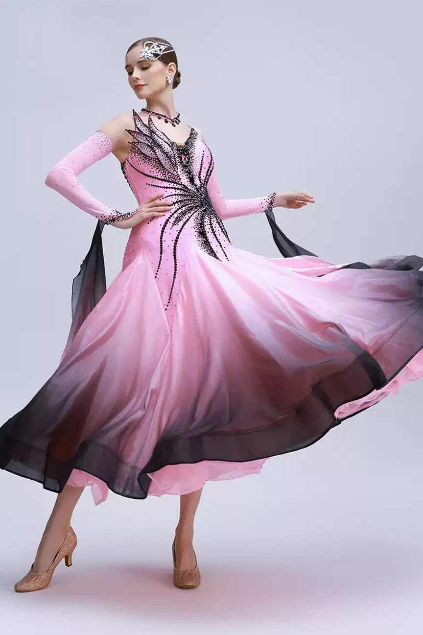 Bailebelle Fashion rhyme dance gradient color pearl silk national standard modern dance competition suit big swing performance suit custom ballroom dance skirt Black, Pink image 0