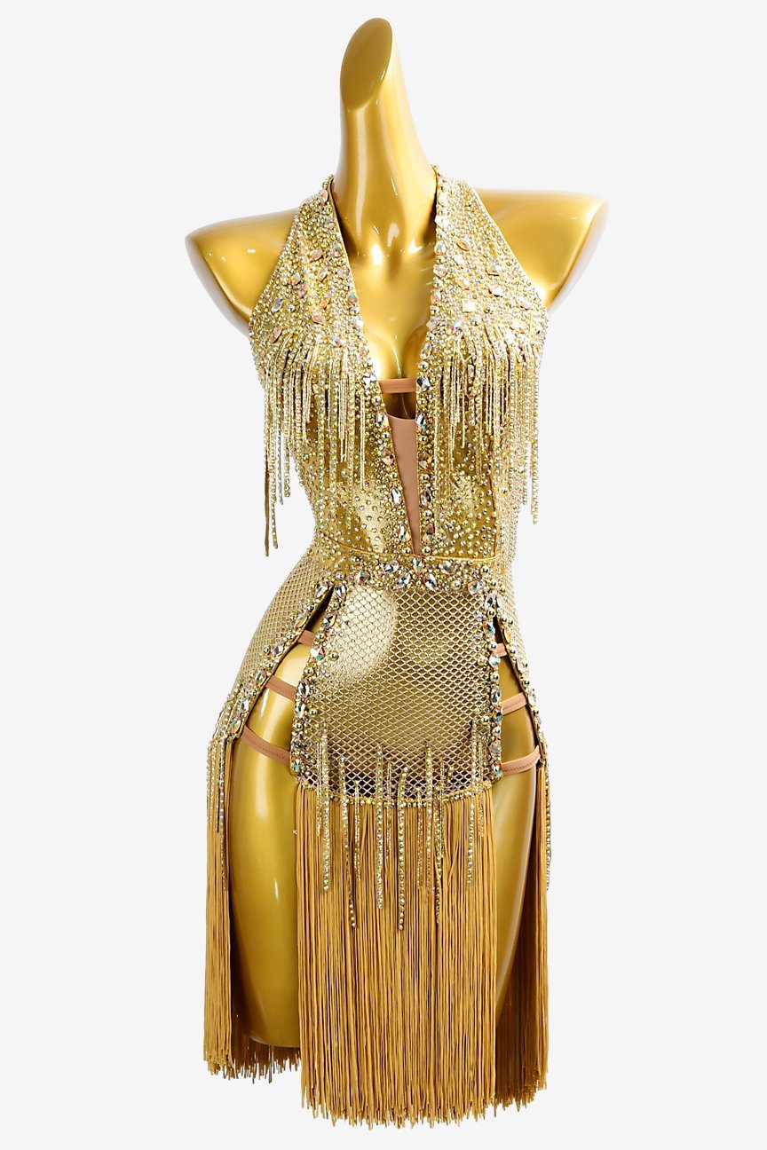 Gold sequin Latin dress with stone fringes, AB stones and fringes image 0