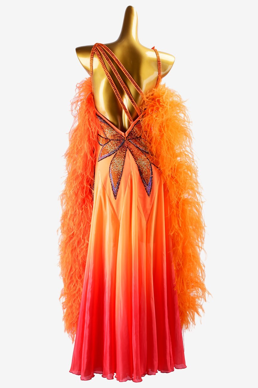 Orange lycra Standard dress with shaded pearl chiffon underskirt, rhinestone applique & feather boas image 3