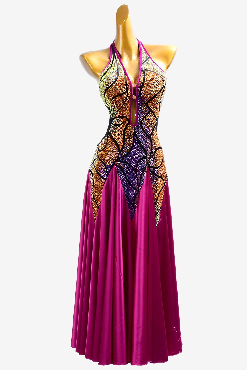 Mediumvioletred Standard dress with stretch satin underskirts with gold shaded purple rhinestone image 0