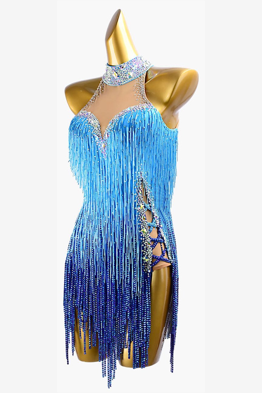 Dark blue shaded Latin dress with fully beaded fringe, stone fringes, AB crystals & sew-on stones image 2