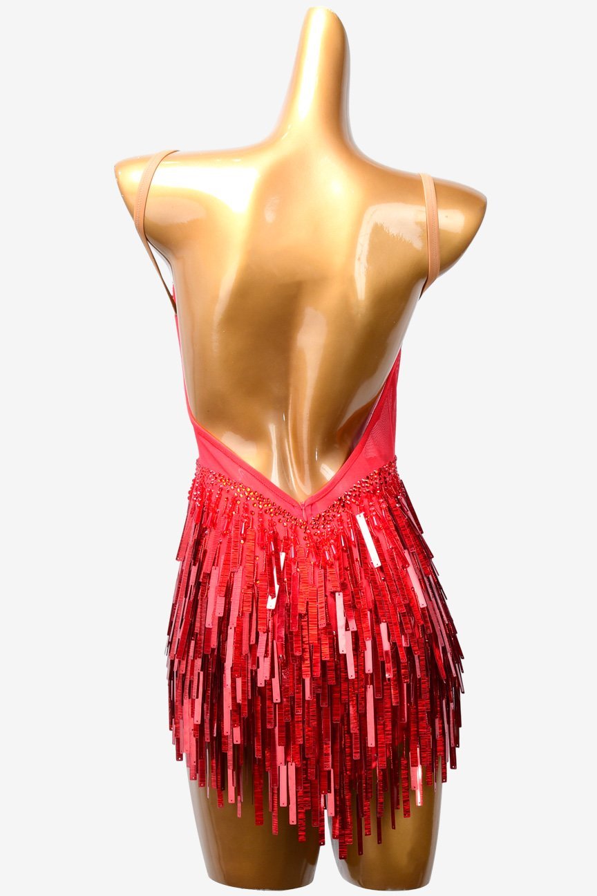 Red mesh spliced crystal fishnet Latin dress with rhinestones, beadings & sequins image 3