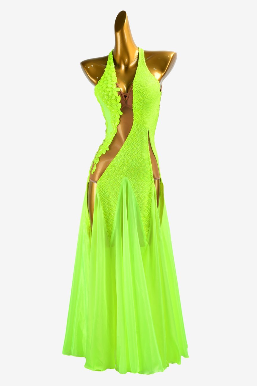 Chartreuse Backless Ballroom Dress with Pearl Chiffon Underskirts, Crystals, and Rhinestone Embellishments image 0