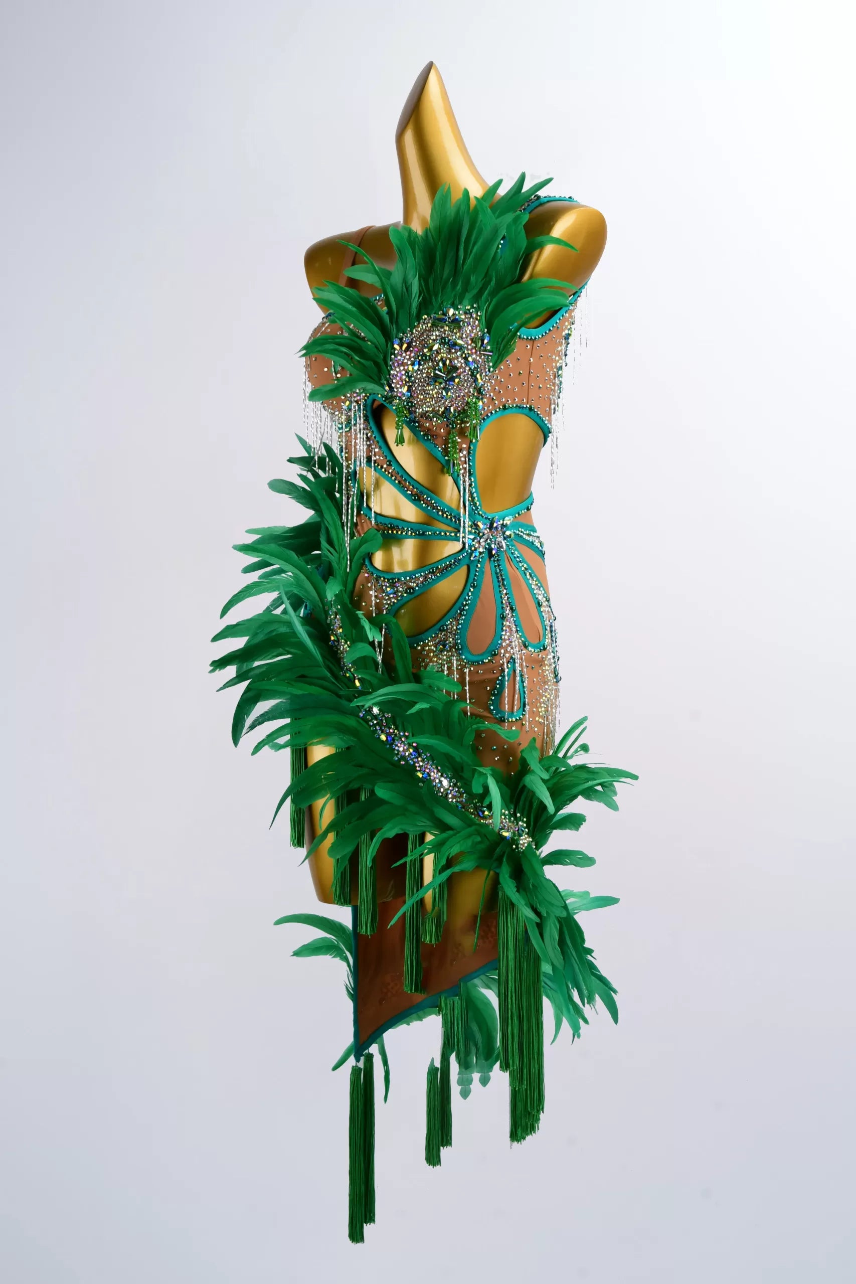 Green Feather Leaves Design Latin Dance Dress – Competition Performance Wear image 3