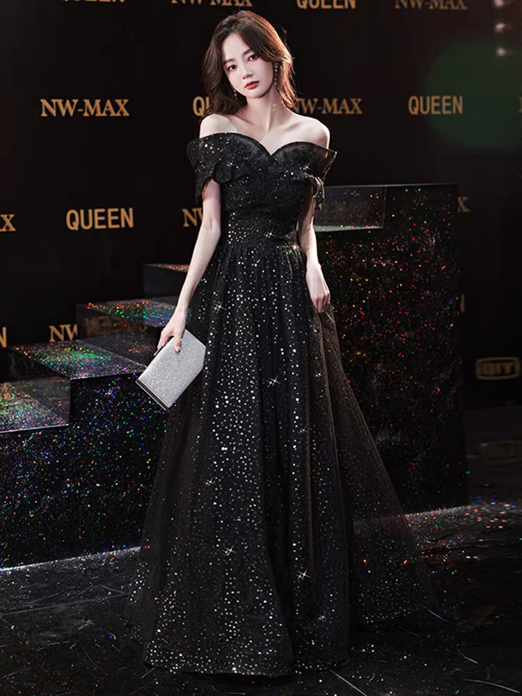 Bailebelle Fashion Luxury Eevning Dresses Boat Neck Sequins Light Champagne Off the Shoulder Mermaid Chapel Train Sleeveless Celebrity Gowns, Gray | Silver, Black image 8