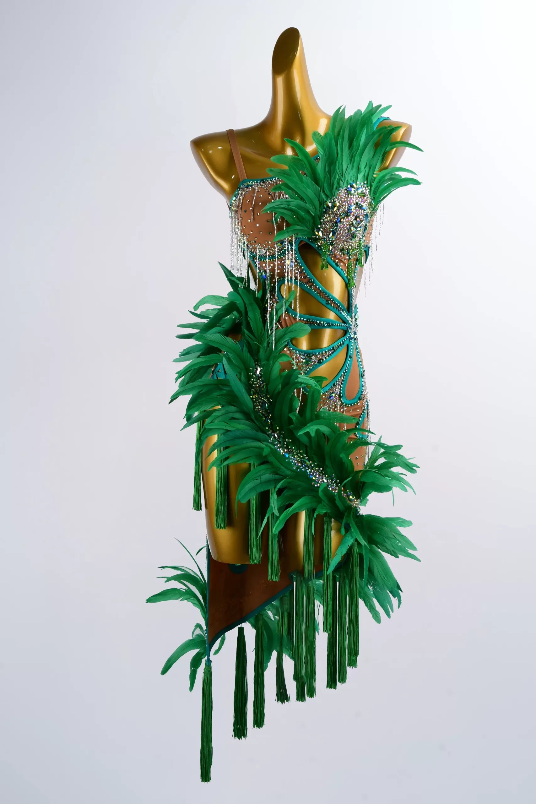 Green Feather Leaves Design Latin Dance Dress – Competition Performance Wear image 0