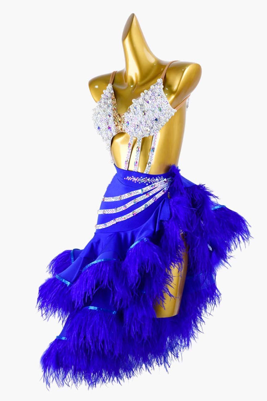Medium Blue Latin Dress with Ruffle Fishbone Skirt, Feathers, and White Crystal AB Accents image 2