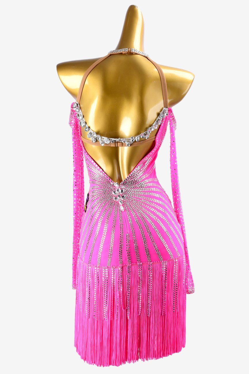 Light pink lycra Latin dress with stone fringes, fringes, silver crystals & sew-on stones image 3