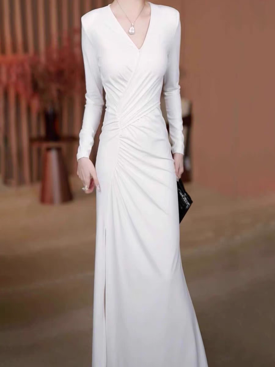 Bailebelle Fashion White V neck long sleeved dress for women autumn and winter 2024 new French sexy waist hip skirt temperament long skirt white image 0