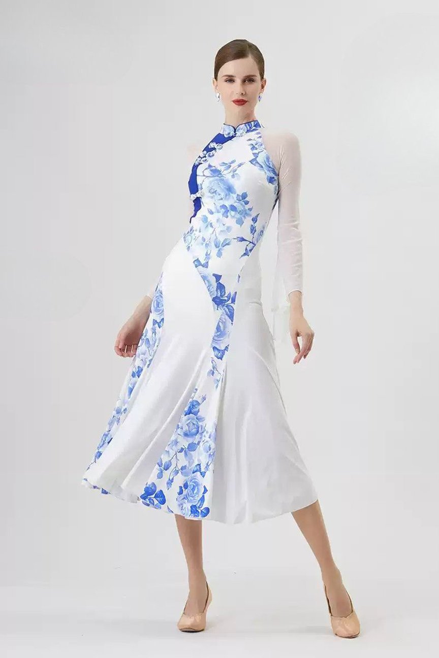 Bailebelle Fashion standard modern dance practice skirt training dance clothes custom ballroom dance skirt Blue, White image 0
