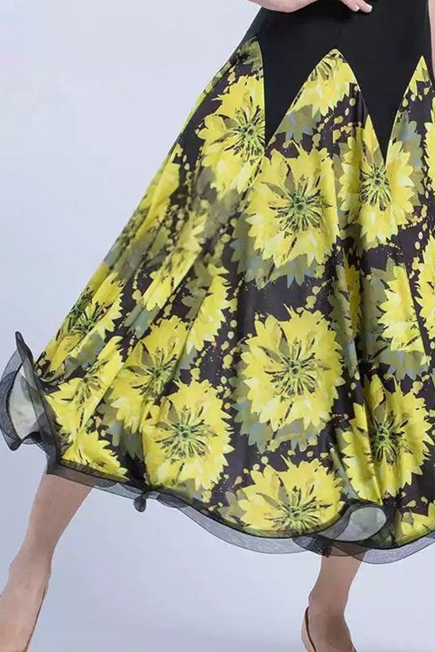 Bailebelle Fashion Dance practice skirt adult female printed dress slim practice national standard dance dress Black, Yellow image 4
