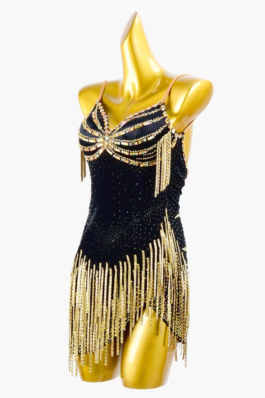 Black Stretch Velvet Backless Latin Dress with Gold Stone Fringes and Gold Rhinestone AB Accents image 2