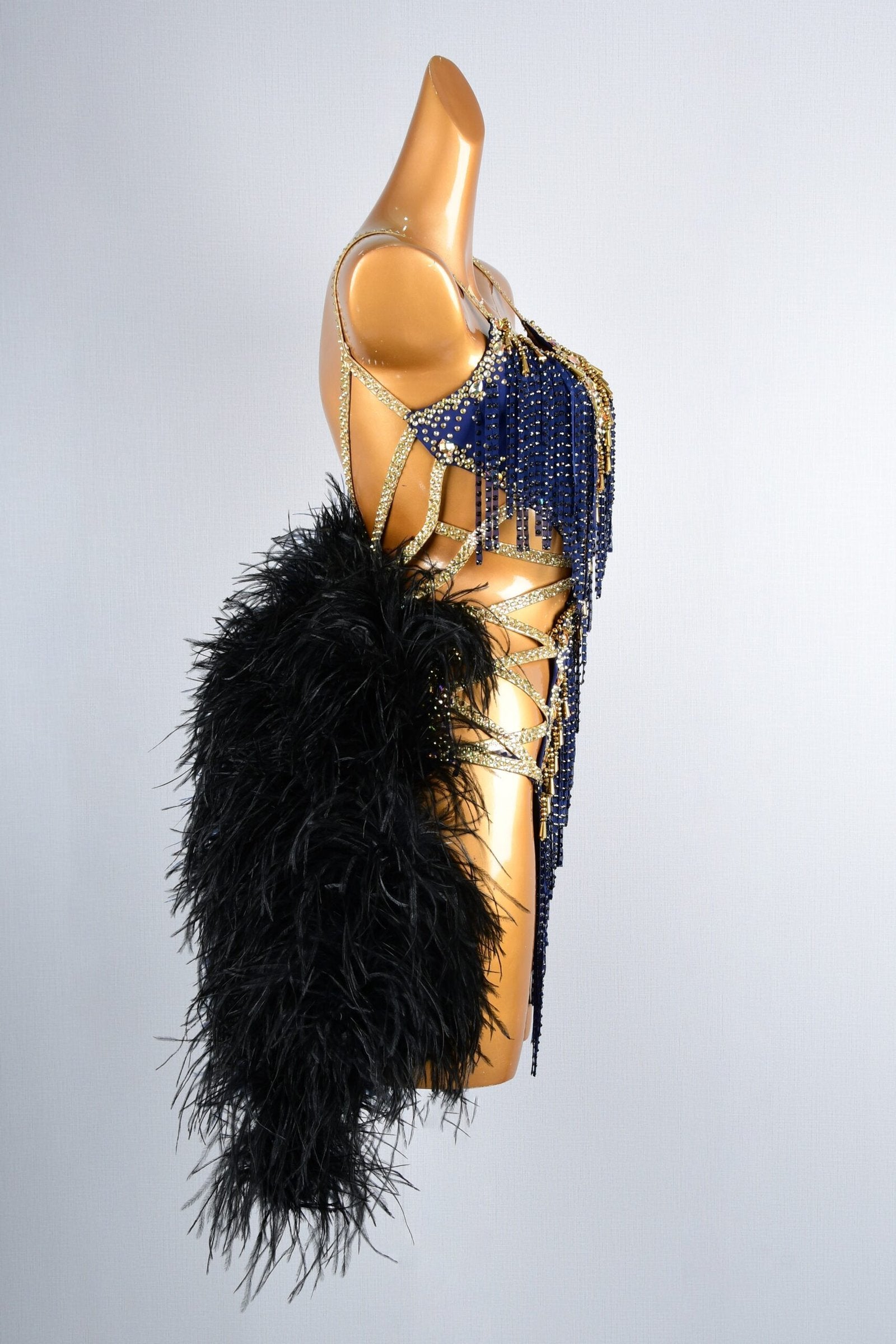 Blue & Black Latin Dress with Beaded Fringe, Tassels, Feathers, and Rhinestones image 2