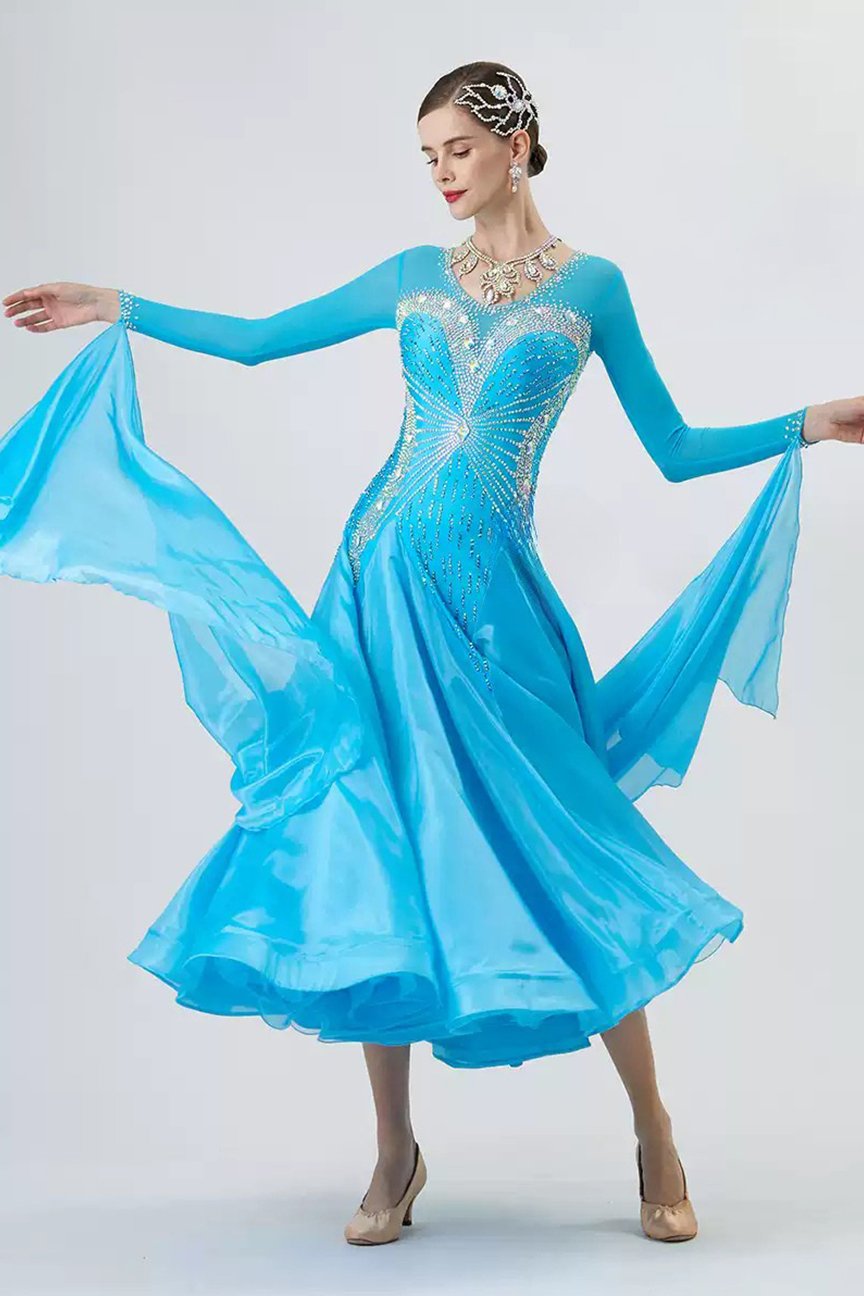Bailebelle Fashion New national standard modern dance costume performance competition suit custom pearl silk dress Blue image 2