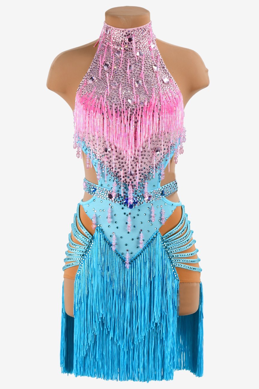 Sky blue Latin dress with light pink beaded fringe, fringe and rhinestone image 0