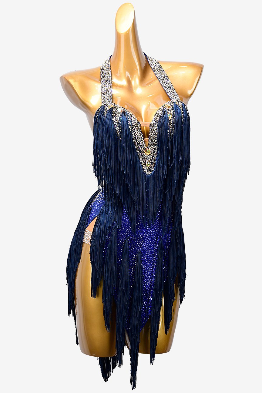 Slateblue matt lycra Latin dress with steeblue tassels, crystals & gold sew-on stones image 0