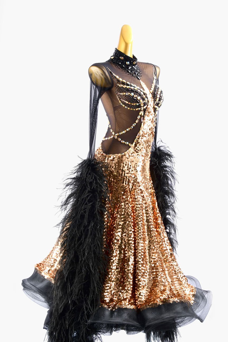 Gold sequins fabric Standard dress with black mesh top, crystals & feather boas image 2