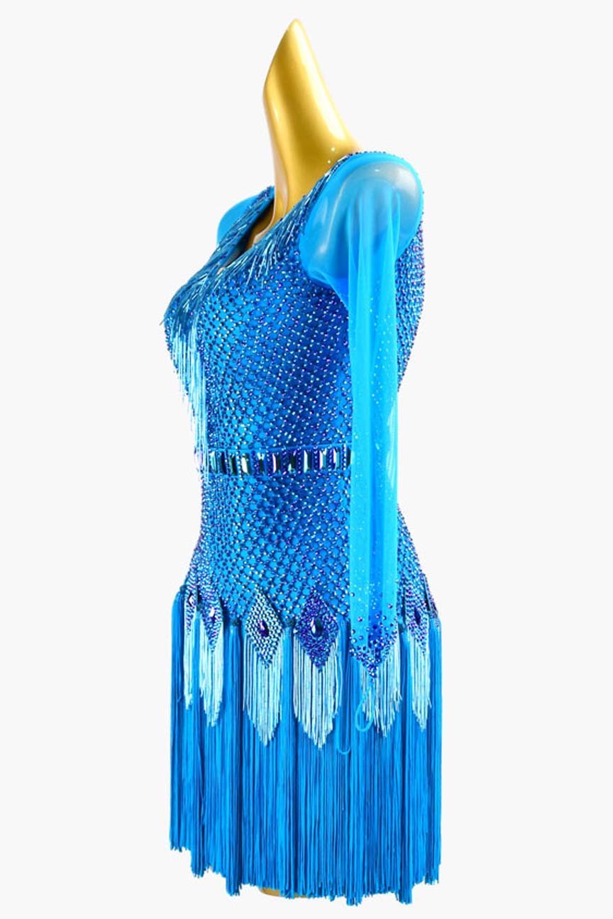 Deep Sky Blue Crystal Fishnet Latin Dress with Mesh Sleeves, Beaded Fringe, and Fringe Underskirts image 2