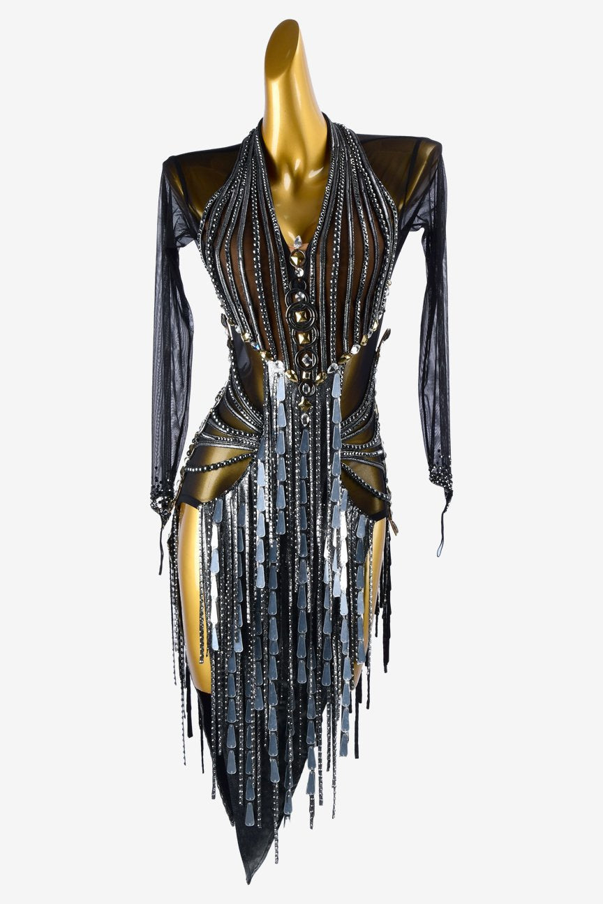 Black mesh Latin dress with sone mirror, rhinestones, stone fringes & silver sequins image 0