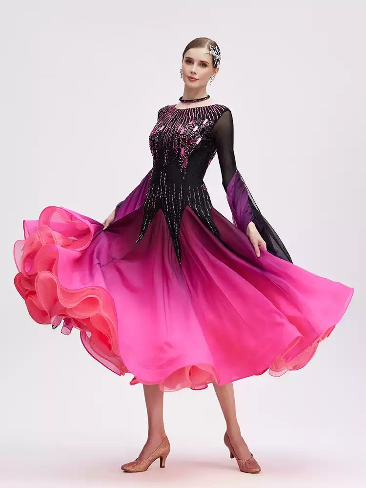 Bailebelle Fashion 2025 new national standard modern dance performance costumes large swing skirt ballroom dance gradient Black, Pink image 0