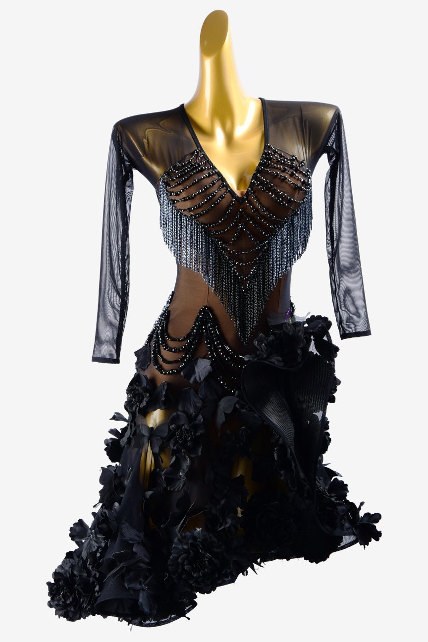 Black mesh Latin dress with ruffle fishbone underskirt, beadings, beaded fringes & flower appliques image 0