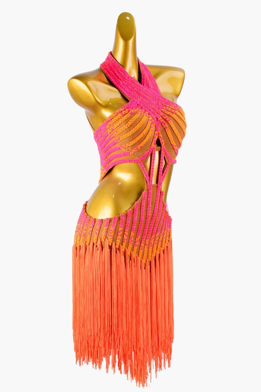Fleshtone Matte Lycra Latin Dress with Fringes and Fluorescent Orange & Sun Orange Rhinestone Accents image 3