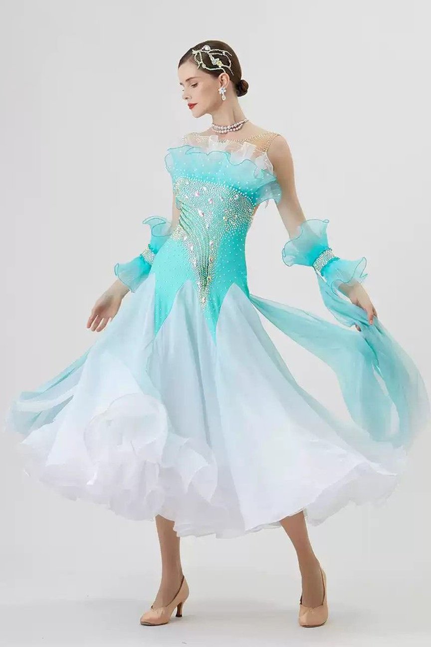 Bailebelle Fashion tailor-made new national standard modern dance performance competition uniform high-end swing dress gradient color Light Blue image 2