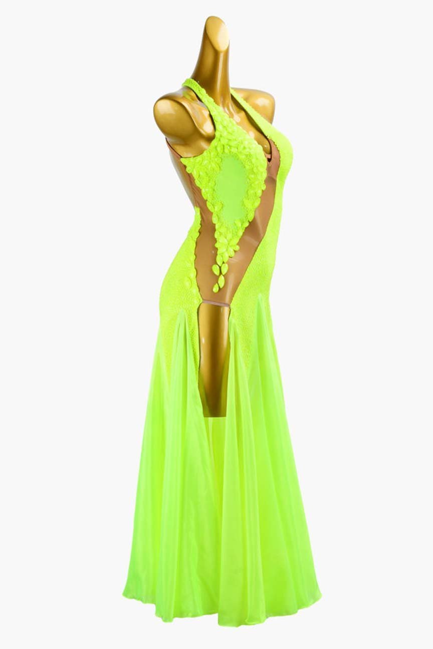 Chartreuse Backless Ballroom Dress with Pearl Chiffon Underskirts, Crystals, and Rhinestone Embellishments image 3